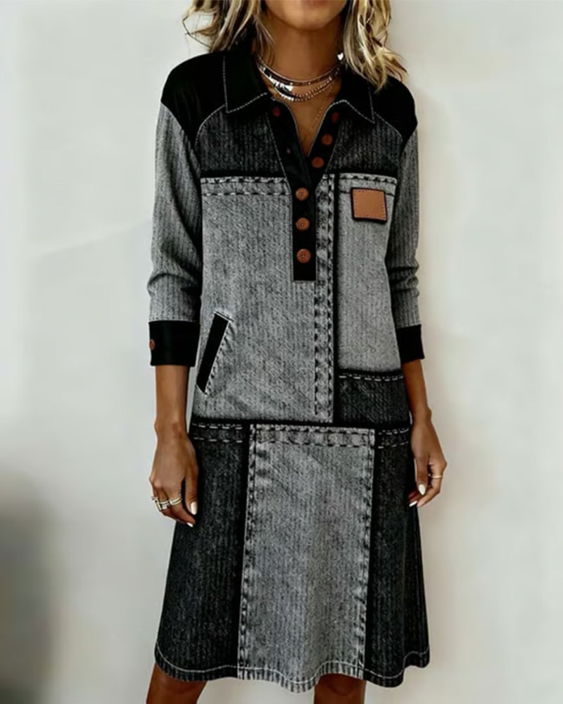 Robe Bouton Revers Col V Bloc de Couleur Tendance