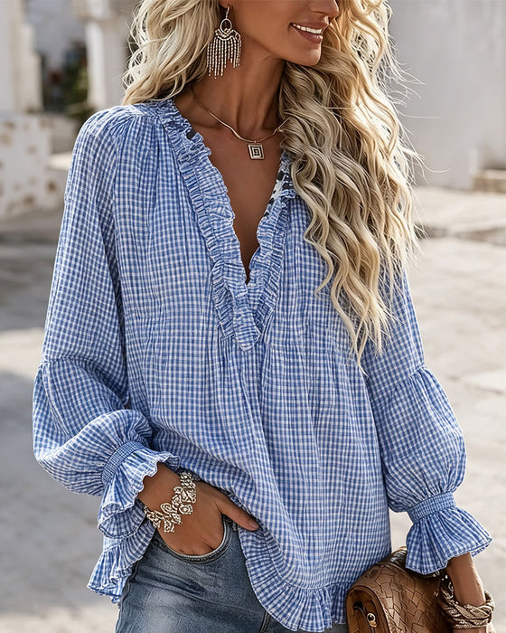 Blouse Volant Bord Décontractée À Carreaux