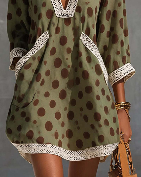 Robe Col V Polka Dot Poche