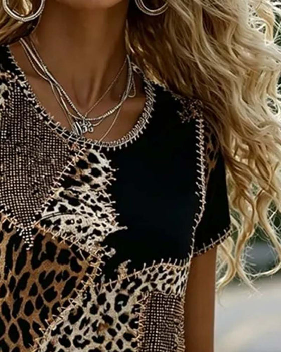 Blouse Col Rond Léopard Imprimé Contraste Manches Courtes