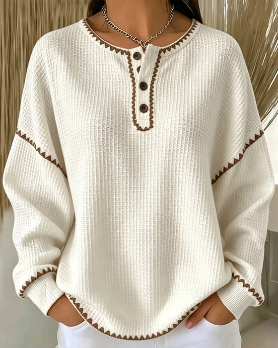 Sweatshirt Col Rond Bouton Décontracté