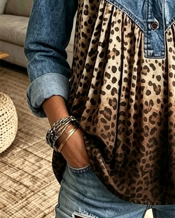 Haut Denim Léopard Imprimé Patchwork Col