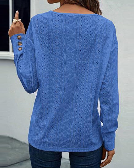 Chemisier décontracté col en V ajouré couleur unie