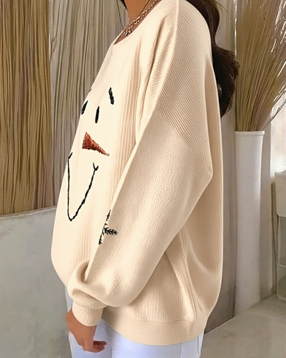 Sweat-Shirt Bonhomme De Neige Imprimé Col Rond