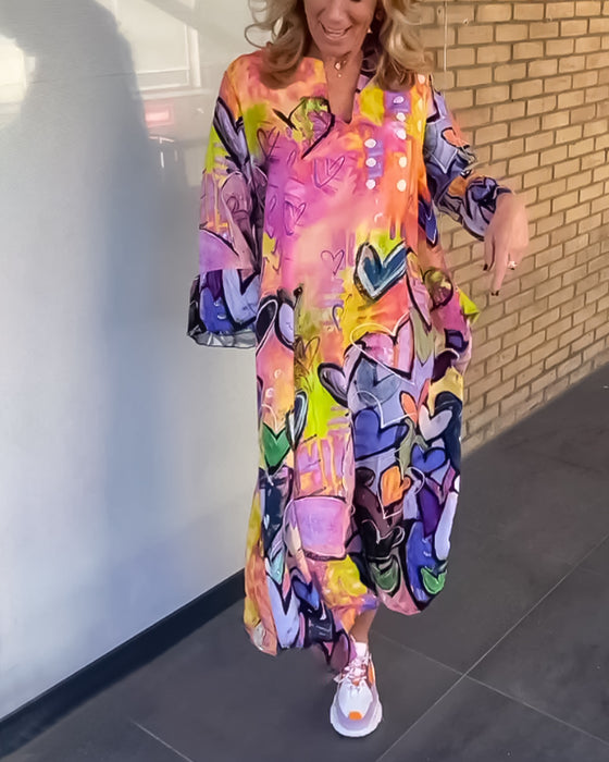 Robe à col en V à imprimé cœur avec manches longues