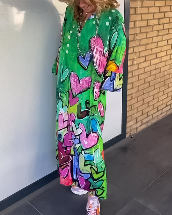 Robe à col en V à imprimé cœur avec manches longues