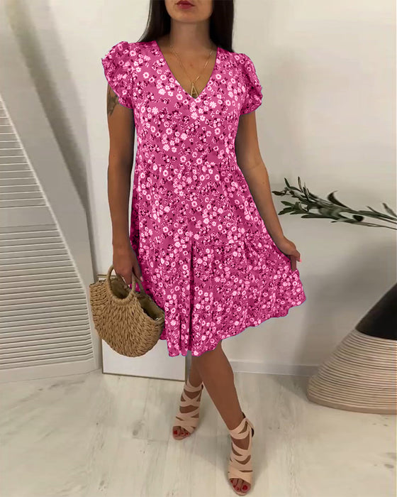 Robe midi fleurie sans manches à col V