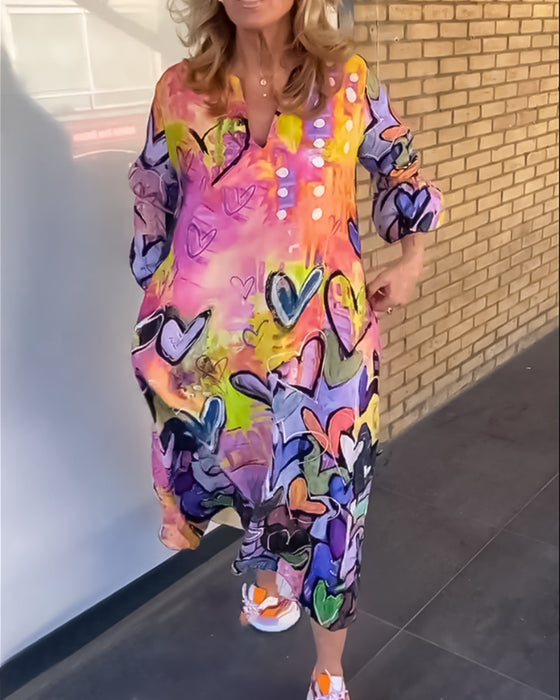 Robe à col en V à imprimé cœur avec manches longues