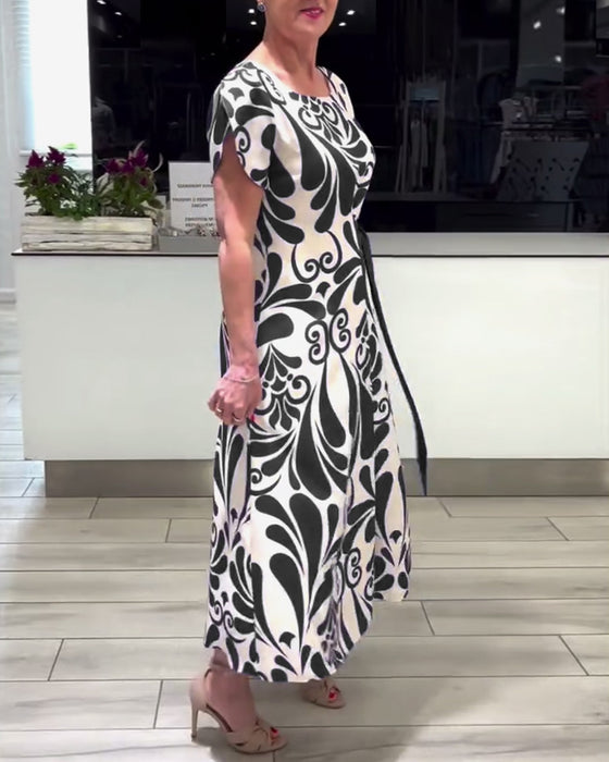 Robe élégante à manches courtes et imprimé contrasté