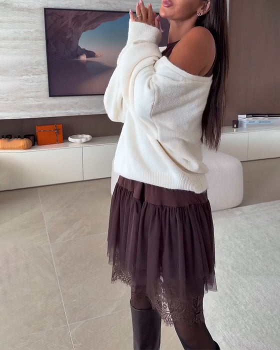 Décolleté Épaules Nues Loose Pull & Ourlet Dentelle Robe