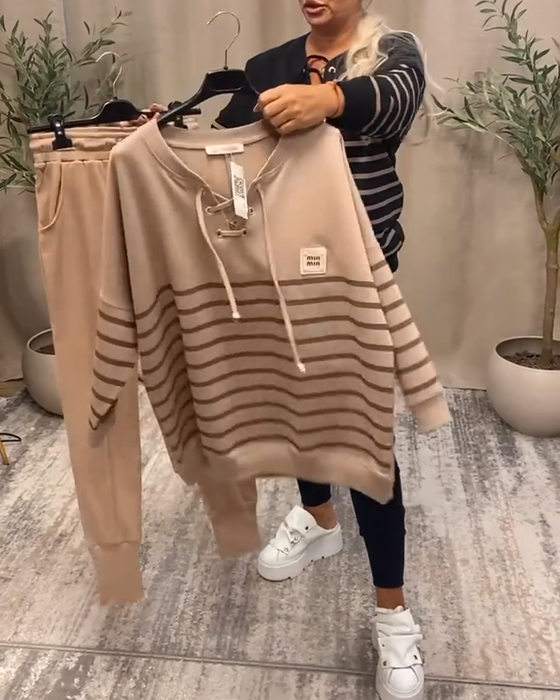 Ensemble Deux Pièces Décontracté Pantalon De Sport Rayé À La Cheville