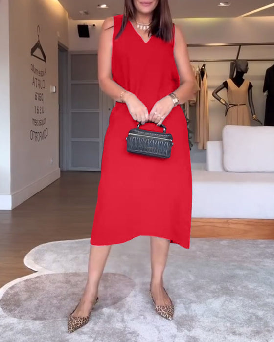 robe décontractée col en V sans manches couleur unie fendue