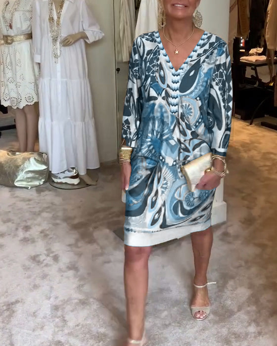 Robe décontractée à col en V et imprimé rétro