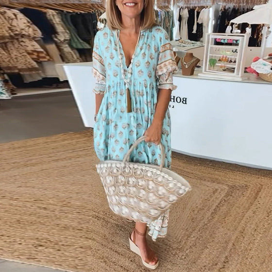 Robe décontractée imprimée à col en V et demi-manches