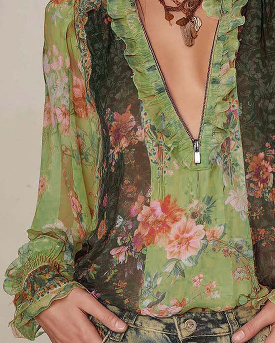 Demi-Zip Imprimé Fleuri Blouse