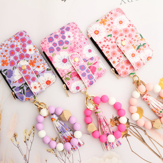 Petit Porte-Monnaie En Cuir Floral Avec Porte-Clés Et Bracelet