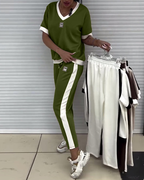 Costume Décontracté Col En V Couleur Contrastée Sport