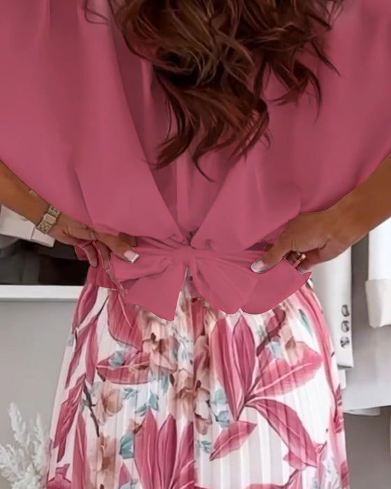 Blouse Couleur Unie Taille Nouée Manche Courte