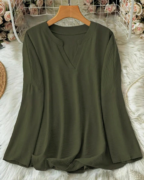 Blouse Col En V Irrégulière Unie Manches Longues