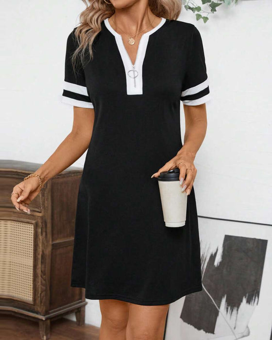 Robe Demi-Zip Colorblock Ajustée À Manches Courtes