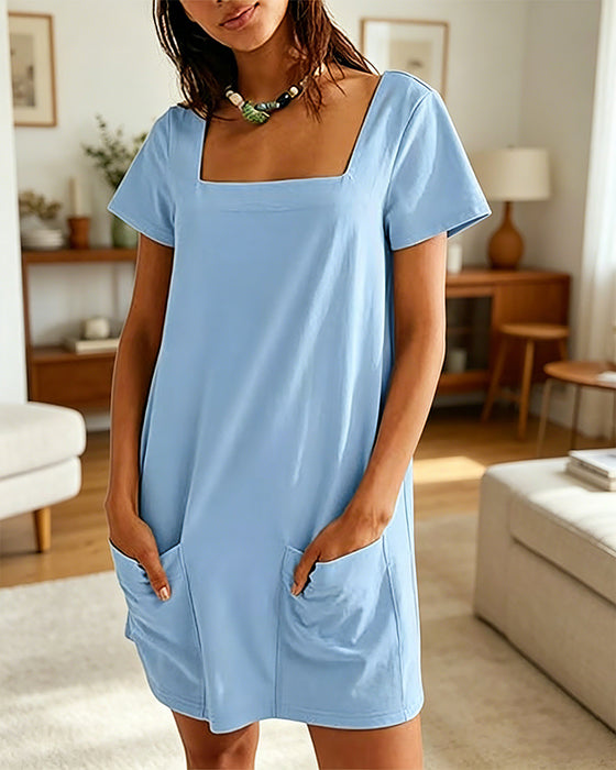 Robe Col Carré Manches Courtes Poche