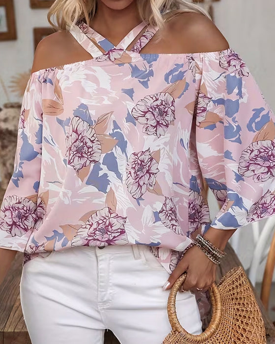 Blouse Florale Croix Off-Épaule