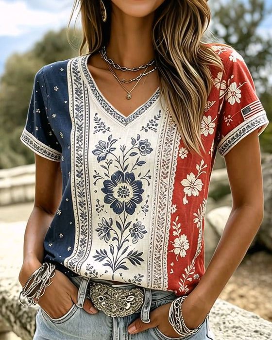 T-Shirts Colorblock Ethnique Floral Col V