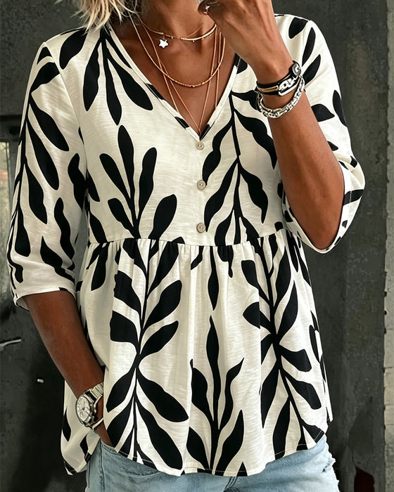 Blouse Col V Lâche Imprimé Manche Courte