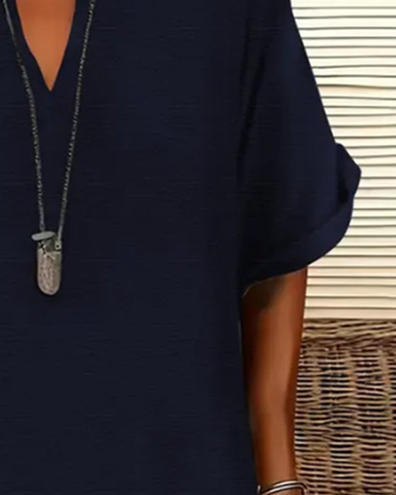 Robe Col En V Manches Courtes Unie Fourreau