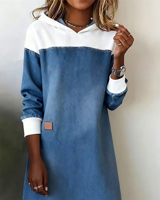 Robe À Capuche Denim Patchwork Épaule Tombante