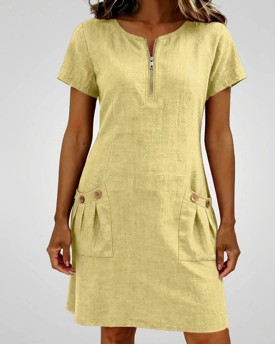 Robe Fermeture Éclair Poche Coton Lin
