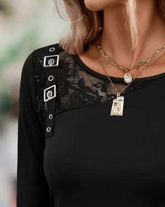 Haut Dentelle Patchwork Mince Manche-Longue