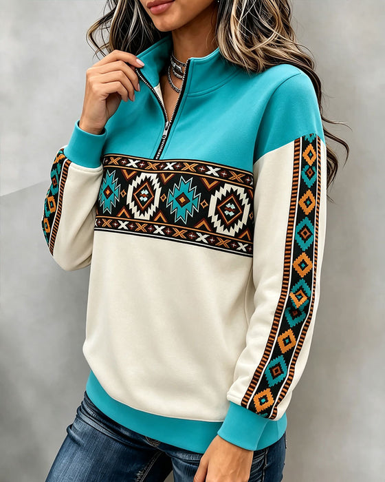 Hoodie Imprimé Géométrique Ethnique Demi-Fermeture Éclair Col Mandarin