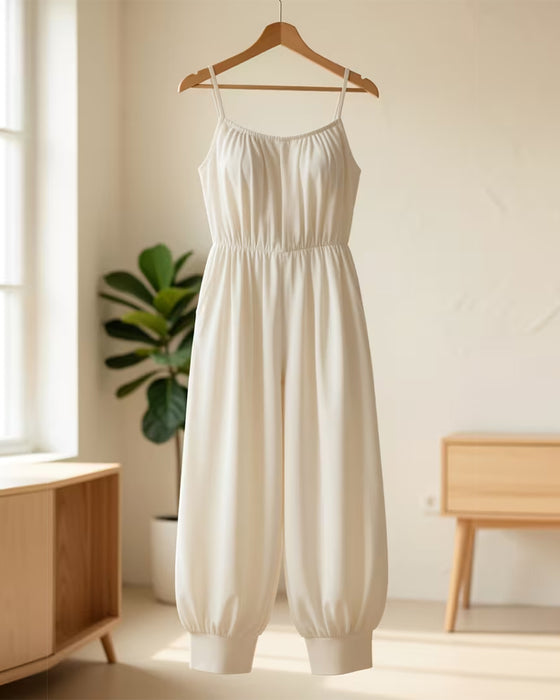 Jumpsuit Bretelle Spaghetti Plissé Cintré Jambe Large