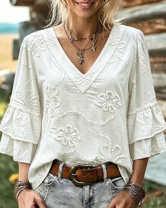 Blouse Tridimensionnelle Gaufrée Florale Col V Manche Évasée