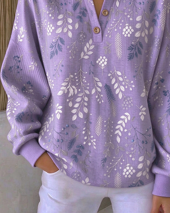 Sweatshirt Gaufré Col Henry Imprimé Floral
