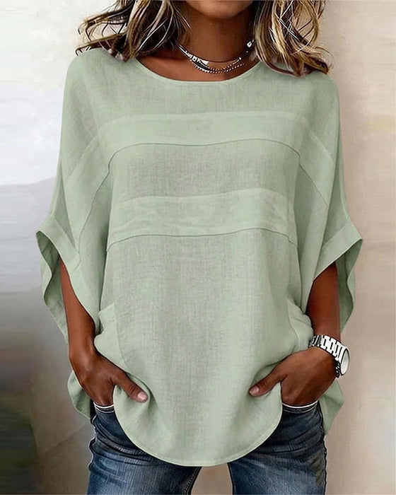 Chemisier 100% Coton Manches Chauve-Souris Coupe Lâche Col Rond