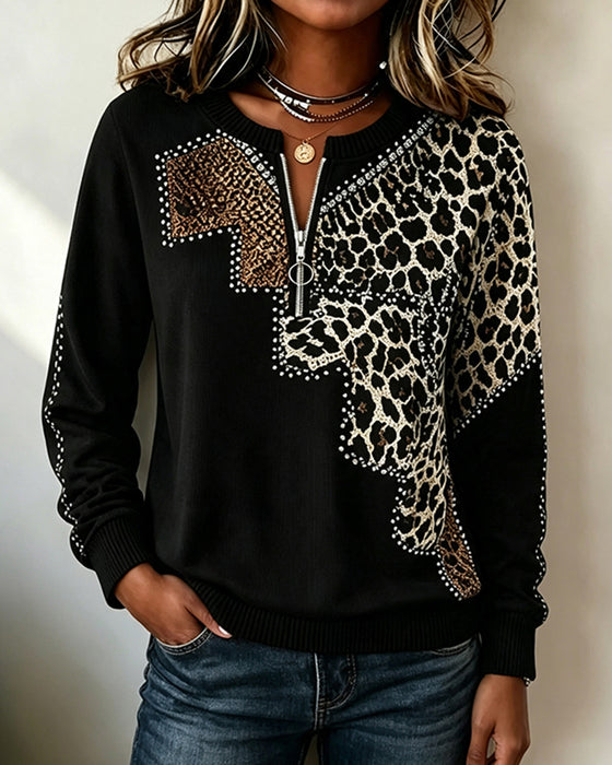 Sweatshirts Col Rond Fermeture Éclair Léopard