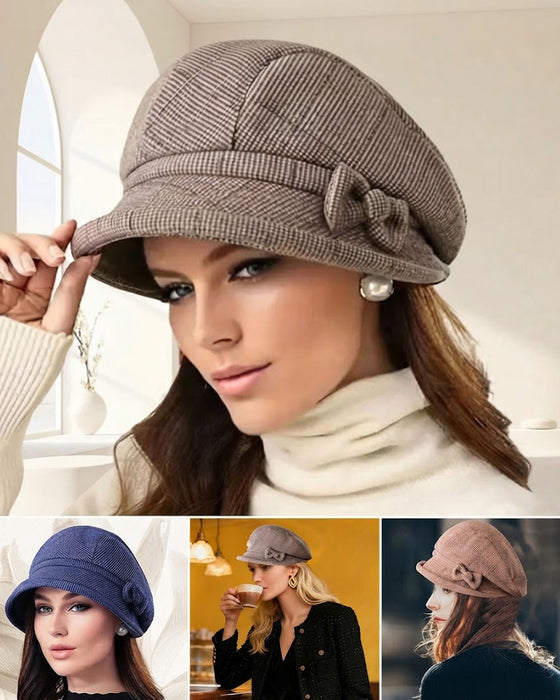 Femme Élégant À Carreaux Nœud Décor Béret