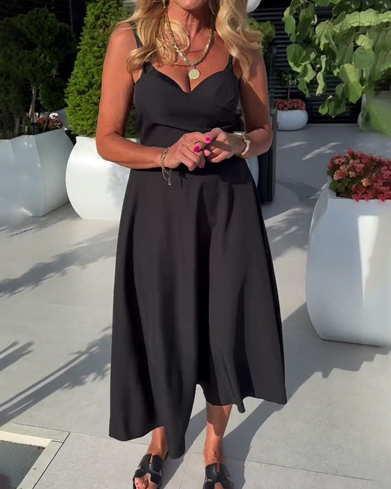 Robe Bretelles Col En V Froncée Taille Haute