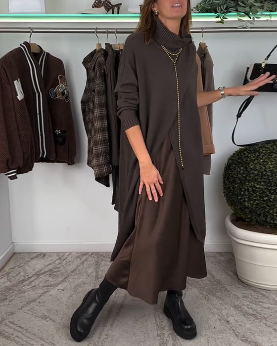 Pull tendance couleur unie à col montant et fente