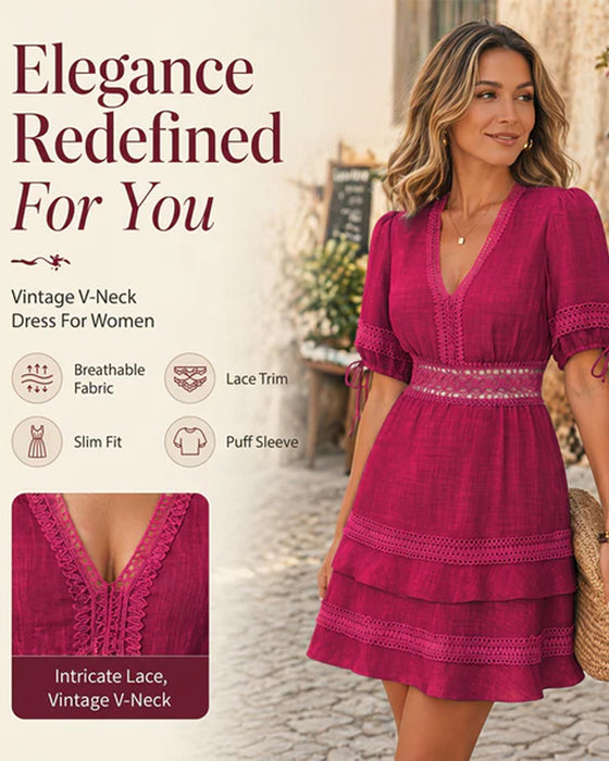 Robe Col V Superposée Unie Dentelle Patchwork