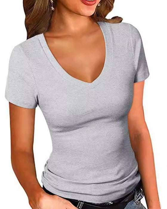 T-Shirt Côtes Slim Fit Col En V Manches Courtes