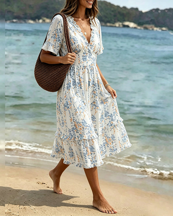Robe Florale Volant Col V Patchwork