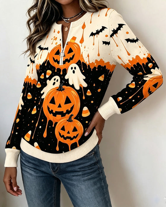 Sweatshirts Fermeture Éclair Manche Longue Imprimé Citrouille