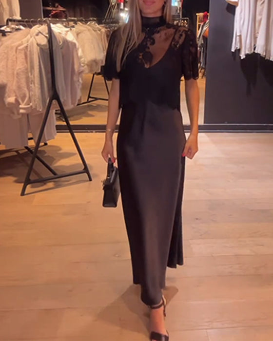 Ensemble Blouse En Dentelle Et Résille Avec Robe Nuisette Drapée