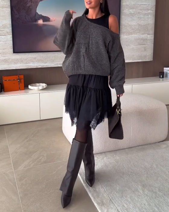 Décolleté Épaules Nues Loose Pull & Ourlet Dentelle Robe