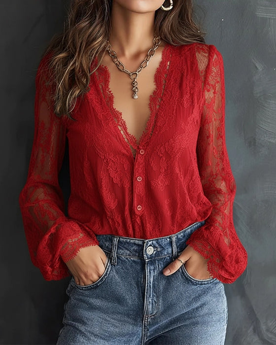 Blouse À Manches Longues En Dentelle Avec Col En V
