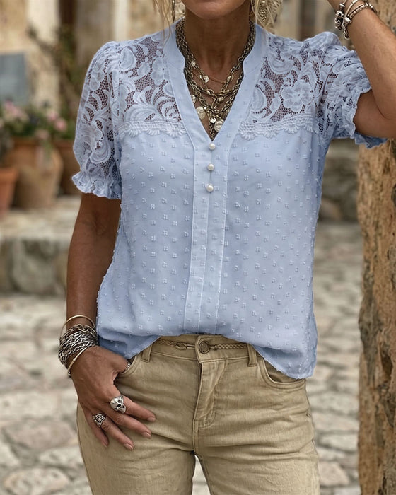 Chemisier Dentelle Patchwork Manche Bouffante Col V