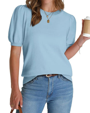 Pull-Over Manche Bouffante Tricoté Manches Courtes